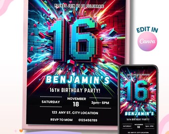 16th Birthday Boy Invitation, Sweet Sixteen Invitation, Building blocks Invite, Canva Template, Digital Invite,  Instant Download