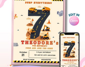 7th Birthday Invitation, Construction Invites, Dup Everything Theme, Boy Invitation, Digital Download