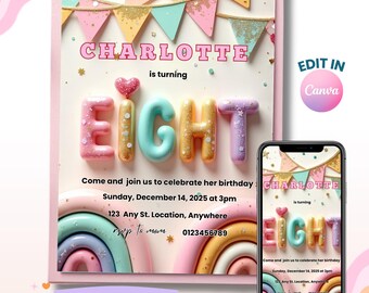 8th Birthday Invitation, Girl 8th Invitation, Eight Girl Birthday, Neon Glow Invitation, Editable Canva Template, Instant Download
