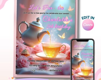 Let’s Par-Tea Birthday Invitation, Pink Afternoon Tea Theme Party Girl Invite, Floral Teacup Canva Template,  Digital Download