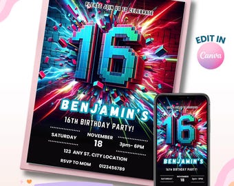 Puede incluir: Invitación digital para una fiesta de 16 cumpleaños. El diseño presenta un "16" pixelado en azul y verde, con el nombre "Benjamin's" y los detalles de la fiesta. Se muestra en una tableta y un smartphone.