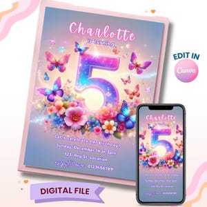 Butterfly 5th Birthday Invitation Girl: Editable Printable (Digital Download)