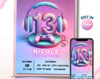 13th Gamer Girl Invite, Thirteen Birthday Girl Invitation, Video Gaming Girl, Canva Template, Digital Invite, Instant Download