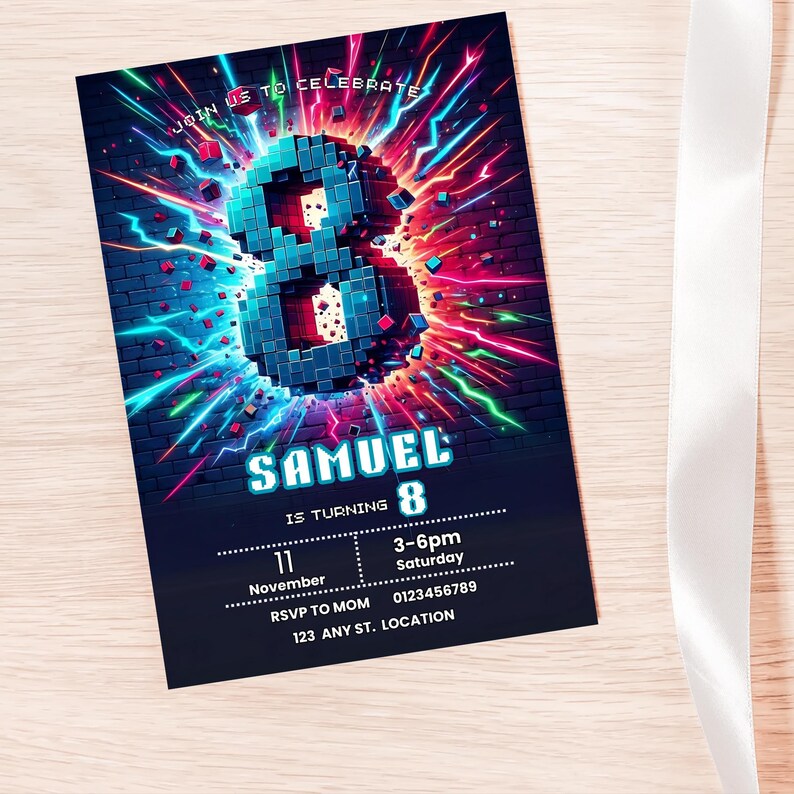 May include: A birthday party invitation with a vibrant design. The invitation features a pixelated number 8 in blue, surrounded by colorful streaks against a brick wall background. The name "SAMUEL" is displayed prominently.