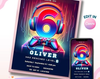 Gamer Boy 6th Birthday Invitation, Level Up Party Template (Digital Download)