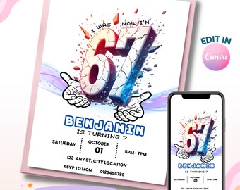 Six Seven Birthday Invitation, I Was 6 Now I'm 7 Party Invite, 7th Birthday Party Invites, Kids Birthday Invitation, Digital Download