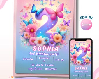Butterfly Birthday Invitation, 2nd Birthday Girl Party Invite, Girl Invitation, Editable Invitation, Digital Invite, Instant Download