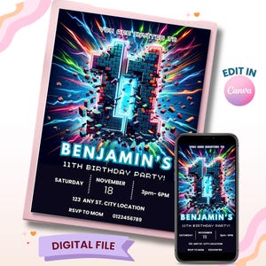 以下が含まれることがあります： ベンジャミンの11歳の誕生日パーティーのデジタル招待状。鮮やかなピクセル化された数字11が、カラフルな電気的背景にネオンの輝きを放つデザインです。パーティーの詳細が含まれています。