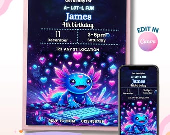 Axolotl Birthday Invitation, ALOTL OF FUN Birthday Invite, Axolotl Birthday Party, Under Sea Birthday Boy Party Invitation, Instant Download