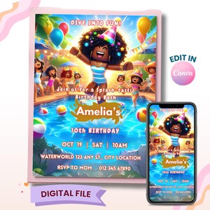 May include: Digital birthday invitation featuring a cartoon illustration of a girl in a pool, with the text "Dive into Fun!" and "Amelia's 10th Birthday." Includes date, time, and location details. The invitation is designed to be edited in Canva.