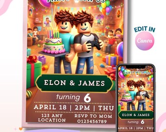 Twin Birthday Party, Twin Birthday Invitation, Sibling Birthday, Boy Invitation, Roblox Birthday, Digital Invite, Instant Download