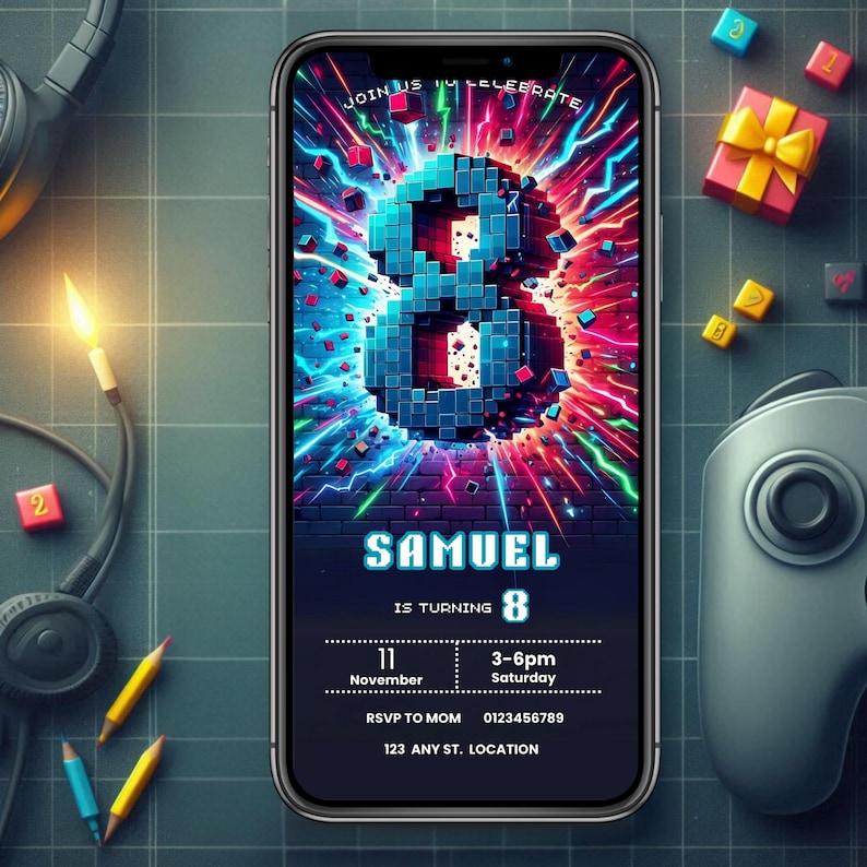 May include: A smartphone displays a vibrant birthday invitation. The design features a pixelated number 8 in blue, with the name "SAMUEL" below. The invitation includes date, time, and RSVP details. Additional elements include a game controller, dice, and a wrapped gift.