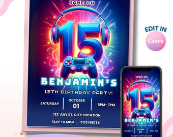 15th Gamer Boy Birthday Invitation, Fifteen Birthday Party Invites, Boy Invitation, Digital Invites, Instant Download