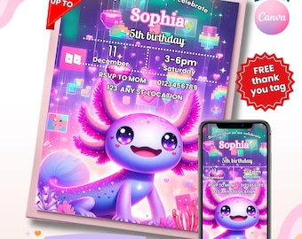 Axolotl Birthday Invitation, Girl Party, Editable Template (Digital Download)