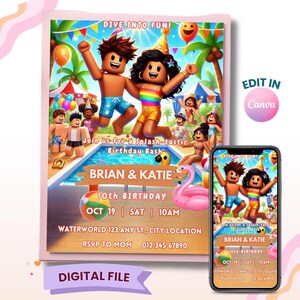 May include: A digital invitation for a birthday party with a pool theme. The design features cartoon characters, the text "DIVE INTO FUN!", and details for Brian & Katie's 10th birthday on October 19th at 10 AM. Includes a phone mockup.