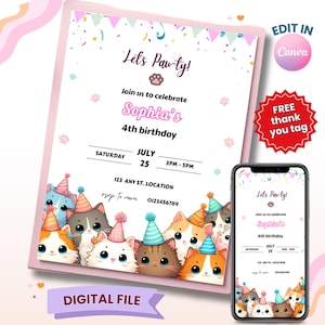 Invito di compleanno a tema gatto, invito di compleanno a tema gatto, invito di compleanno a tema gattino modificabile, invito di compleanno a tema gattini, invito modificabile
