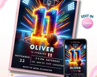 11th Basketball Birthday Invitation, Sports Birthday Invitation, Sports Theme, Kids Birthday Party, Printable Basketball, Digital Download