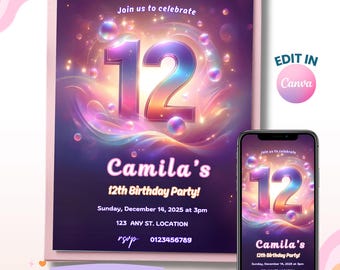 12th Birthday Girl Invite, Rainbow Party Invitation, Double Digits Invitation, Digital Download