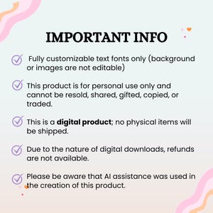 May include: A light background with the text "IMPORTANT INFO" in black. The text is followed by bullet points about the product, including that it is a digital product and refunds are not available.
