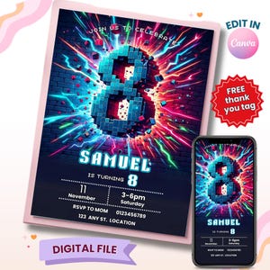 May include: A digital birthday invitation featuring a pixelated number 8 in blue and red, with the name "Samuel" and party details. The invitation is on a pink background with a matching phone display.