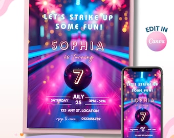 Bowling Birthday Invitation Girl,  Neon Bowling Party Invite, Editable Canva Template, Digital Invite, Instant Download