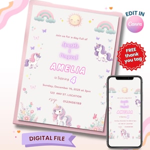 Unicorn Rainbow Girl Birthday Party Digital Invitation Template, Magical Party Invite, Editable Rainbow Template, Editable Invitation