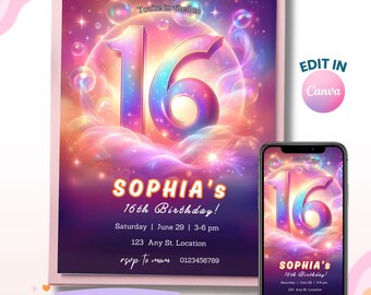 Sweet Sixteen Birthday Invitation, Girl 16th Birthday Party Invite, Rainbow Invitation, Digital Download