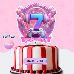 7th Birthday Girl Cake Topper, Gamer Girl, Gaming Controller, bearbeitbares Gastgeschenk, druckbares Kuchendekor, Partydekoration, digitaler Download