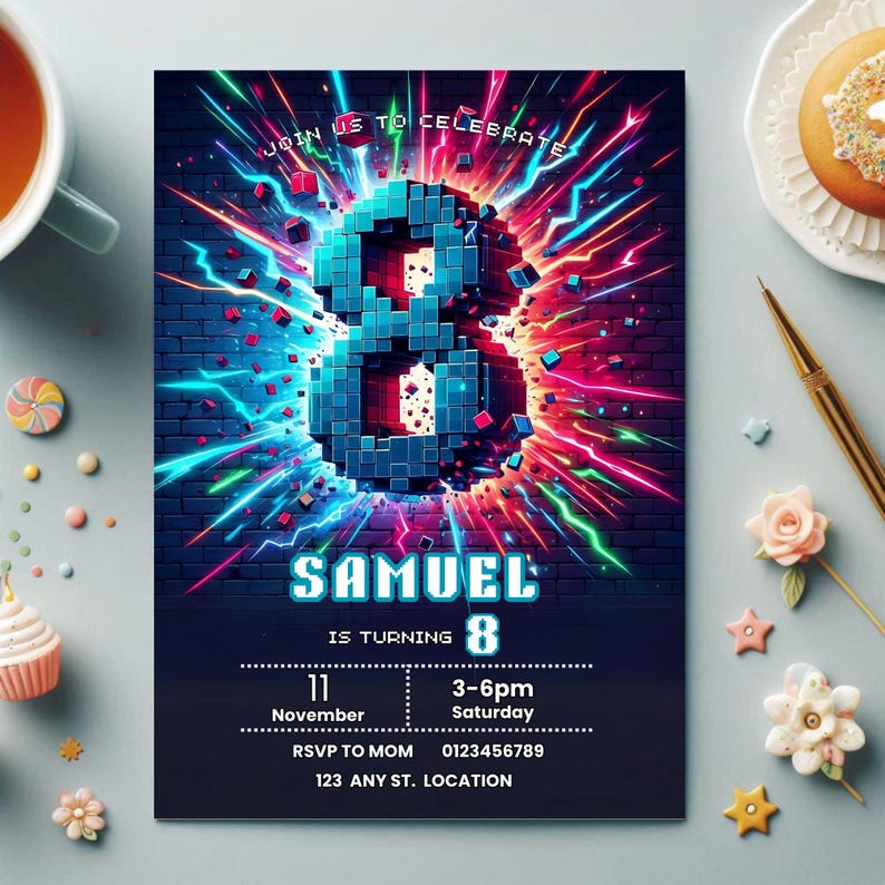 May include: A birthday party invitation with a vibrant design. The number 8 is prominently displayed in pixelated blue, surrounded by colorful bursts of light. The invitation includes the name "SAMUEL", date, time, and RSVP information.