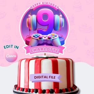 May include: A cake topper with a gaming theme. The design features a large number 9 with headphones, a game controller, and the name "Charlotte." The cake itself is white with red stripes and a black and red border. The words "Happy Birthday" and "Digital File" are also visible.