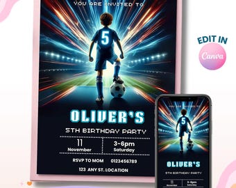 Soccer Invitation, Sports Invitation, 5th Birthday Boy, Boy Party Invites, Canva Template, Digital Invitation, Instant Download