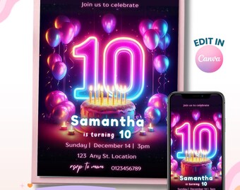 Pink Glow Neon Light 10th Birthday Girl Invitation, Double Digits Invite, Neon Girl Invites, Cake Candle Lights Digital Download