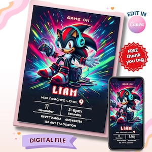 Invito di compleanno modificabile a tema Shadow, invito di compleanno a tema Sonic Shadow Hedgehog, Sonic 3, ragazzo giocatore, invito per ragazzi, invito per feste per bambini