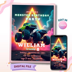 Op de afbeelding: Digitale uitnodiging voor een verjaardagsfeest met monstertruckthema. Het ontwerp toont twee monstertrucks, de tekst "MONSTER BIRTHDAY PARTY" en de naam "WILLIAM is turning 8". Een smartphone-mockup is ook inbegrepen.
