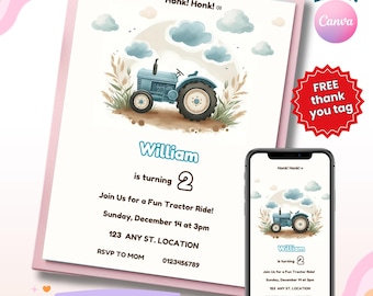 Tractor Birthday Boy Party Invites, 1st 2nd Birthday Invitation, Editable Canva Template, Digital Download