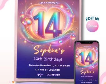 14th Birthday Rainbow Invitation, Girl Party Invite, Double Digit Teen Party, Digital Download