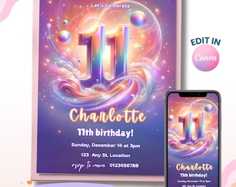 11th Birthday Invitation, Editable Rainbow Party Invite (Digital Download)