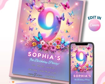 9th Birthday, Butterfly Invitation, Editable 9th Butterfly Birthday Invites, Girl Invitation, Editable Invitation Template, Digital Download