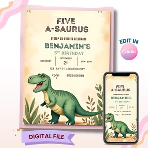 Invitación de cumpleaños de dinosaurios para el quinto cumpleaños, plantilla editable de Canva, invitación para fiesta de dinosaurios, imprimible, descarga digital.