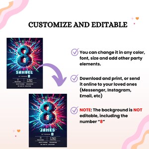 May include: Digital birthday party invitation featuring a pixelated number 8 with a colorful burst design. The invitation includes the name, date, time, and location. Text reads "Customize and Editable".