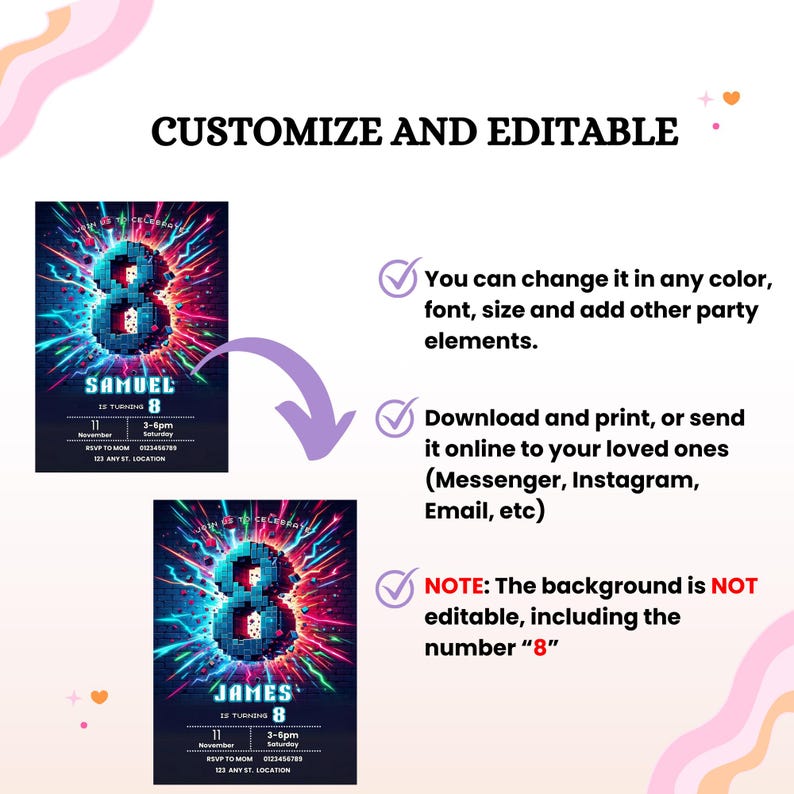 May include: Digital birthday party invitation featuring a pixelated number 8 with a colorful burst design. The invitation includes the name, date, time, and location. Text reads "Customize and Editable".