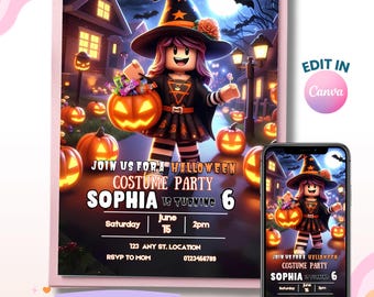 Halloween Invitation Template, Roblox Girl Pumpkin Invite, Girl Invites, Digital Download