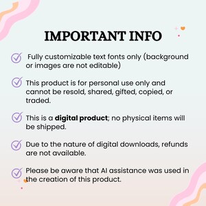 May include: A light background with the text "IMPORTANT INFO" in black. The text is followed by bullet points about the product, including that it is a digital product and refunds are not available.