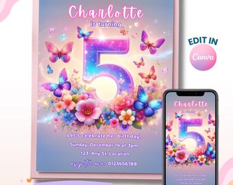5th Birthday Butterfly Invitation, Pink Purple Flower Invite, Garden Invitation, Girl Invite, Digital Invite, Instant Download