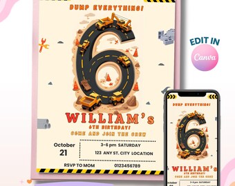 Construction Truck 6th Birthday Invitation Editable, Digging It Party Invite, Digital Download