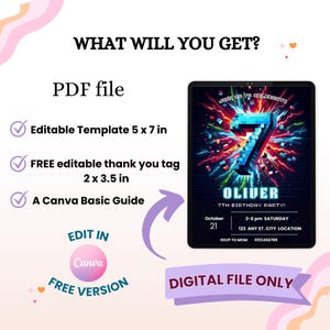 May include: Digital 7th birthday party invitation template. The invitation features a vibrant design with the text "OLIVER 7TH BIRTHDAY PARTY!" and event details. Includes a PDF file, editable template (5 x 7 in), and free thank you tag (2 x 3.5 in).