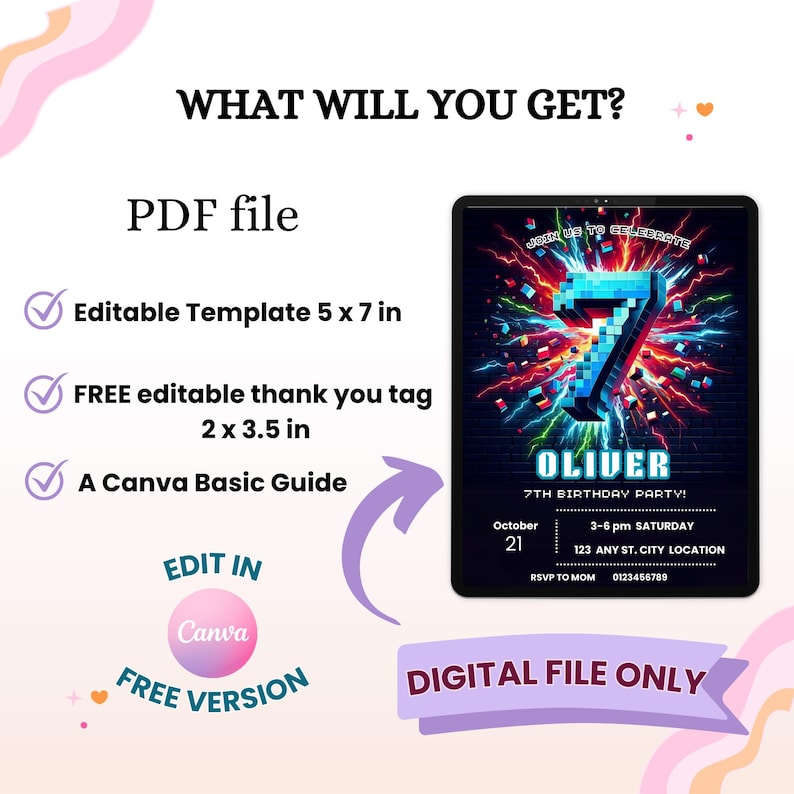 May include: Digital 7th birthday party invitation template. The invitation features a vibrant design with the text "OLIVER 7TH BIRTHDAY PARTY!" and event details. Includes a PDF file, editable template (5 x 7 in), and free thank you tag (2 x 3.5 in).