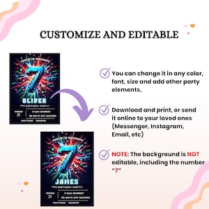 May include: Two birthday party invitation designs with a pixelated number 7 in blue, red, and white. The invitations include the name, date, time, and location. Text states the design is customizable and editable.