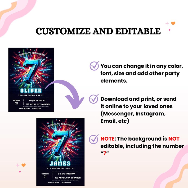 May include: Two birthday party invitation designs with a pixelated number 7 in blue, red, and white. The invitations include the name, date, time, and location. Text states the design is customizable and editable.