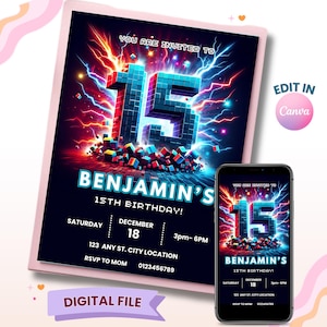 15th Birthday Invitation, Editable Boy Birthday Invite,  Boy Birthday Invitation, Fifteenth Party Invite For Boys, Digital Download